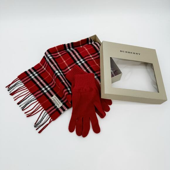 Burberry Scarf Cashmere Wool Red Check Plaid Winter Authentic Shawl Gloves Box - Picture 2 of 12